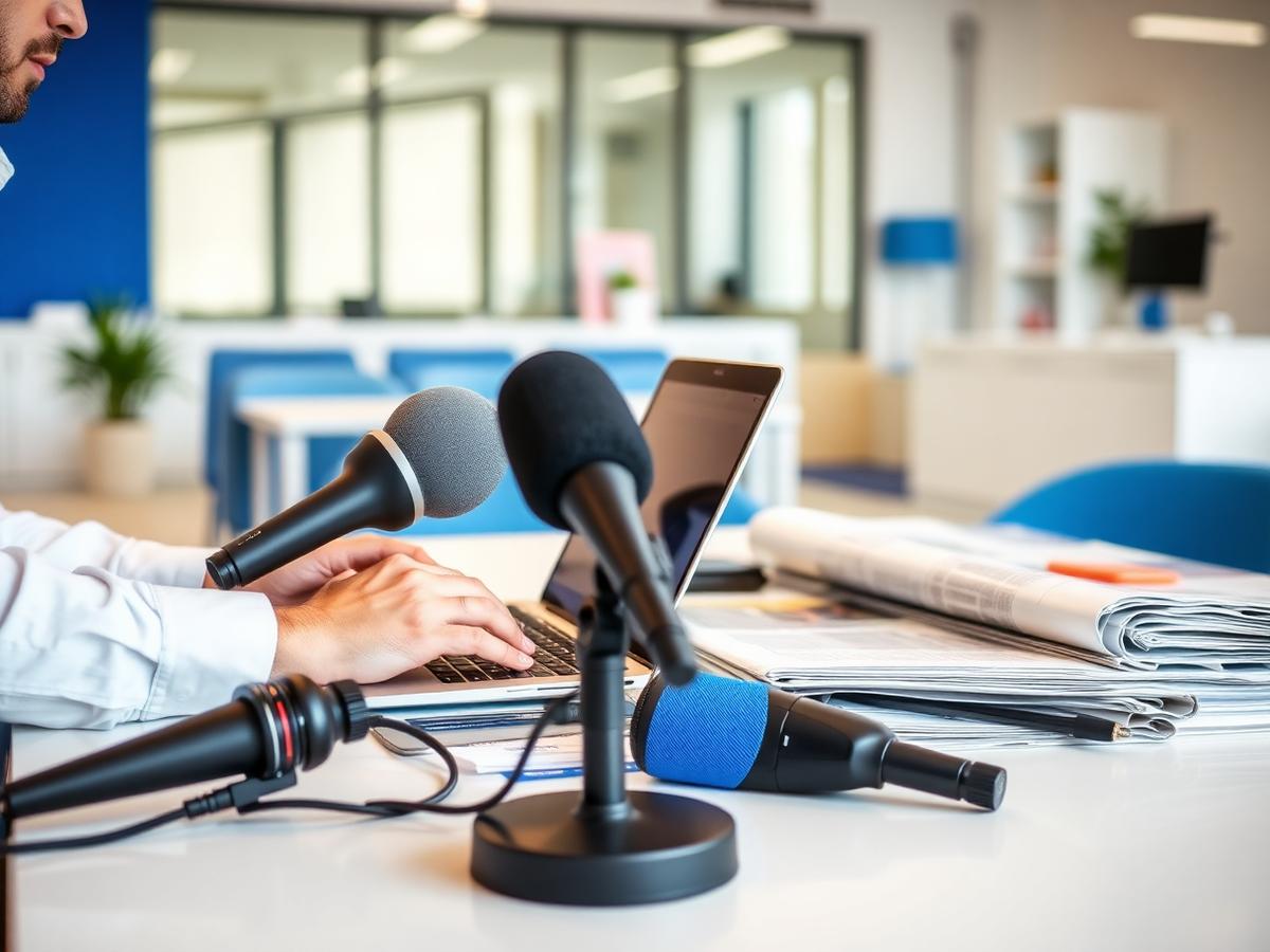 Press release distribution setup with microphones and newspapers